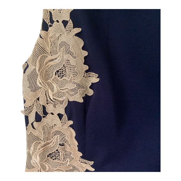 FIFTH & PARK Dress SZ 12 Navy & Beige Gold Floral Lace Sheath Dressy Cocktail - Picture 6 of 12